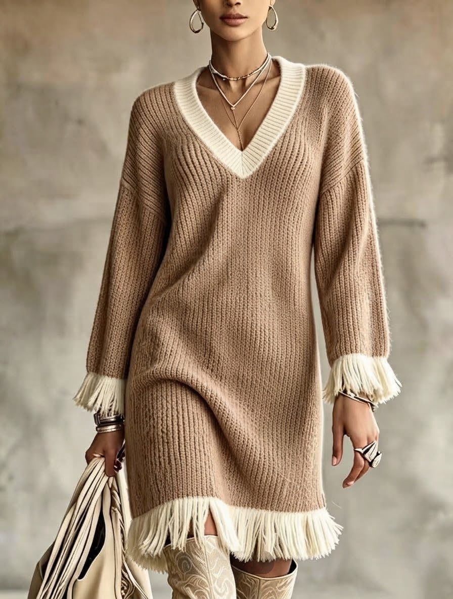 Mila Beige Knit Dress with Fringe Details