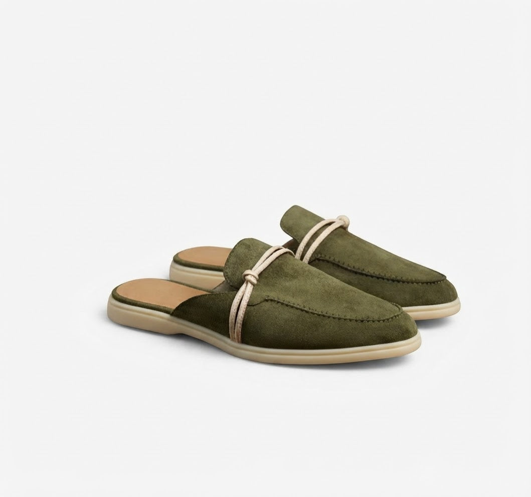 Sorrento Olive Green Velvet Clogs – Leather Detail