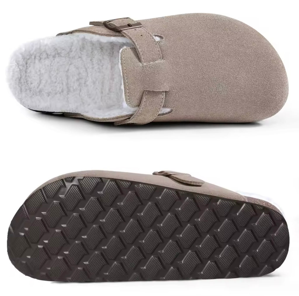Khaki Plush-Lined Suede Clogs – Warm & Comfortable Slip-On Shoes