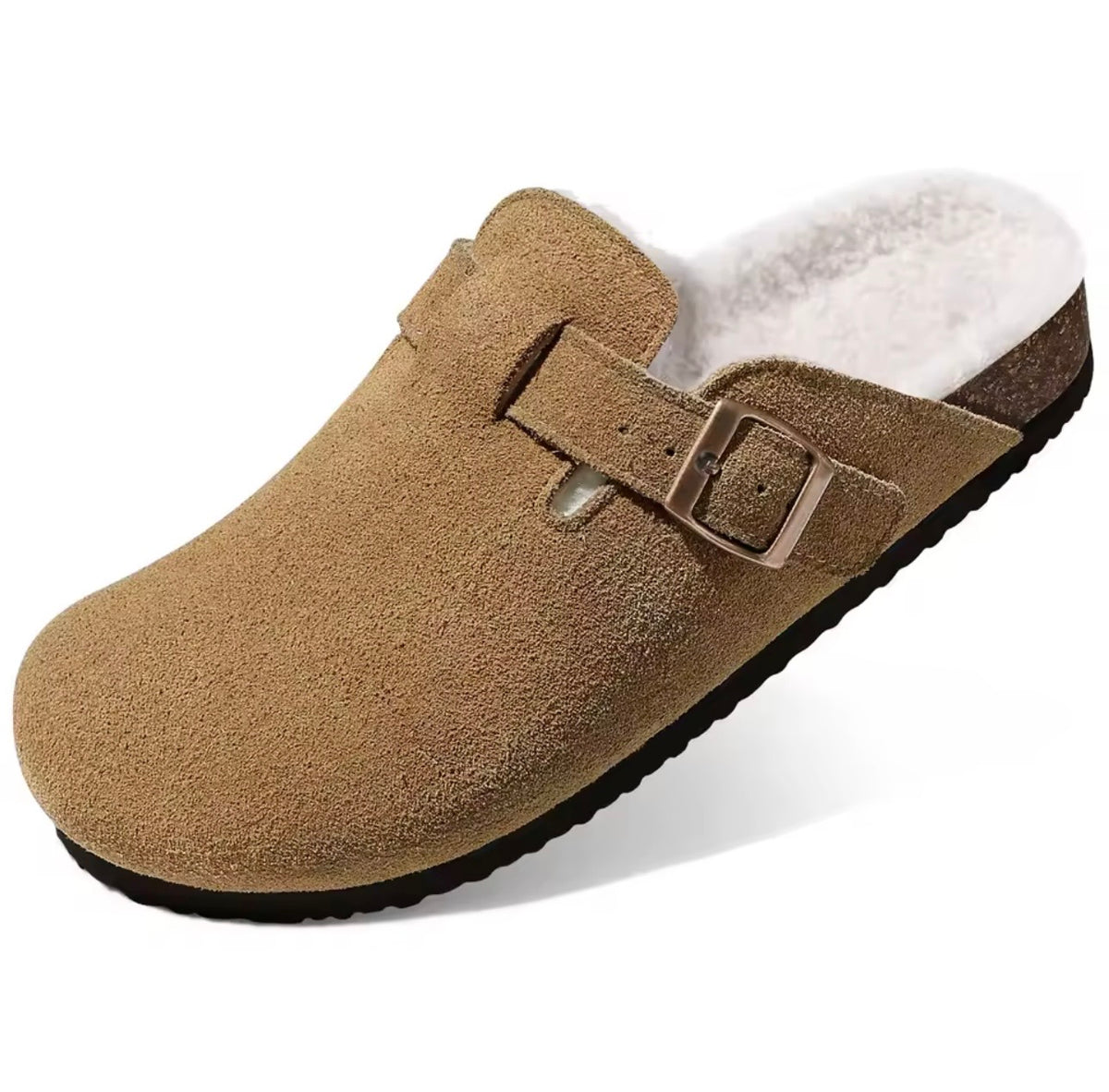 Camel Plush-Lined Suede Clogs – Warm & Comfortable Slip-On Shoes