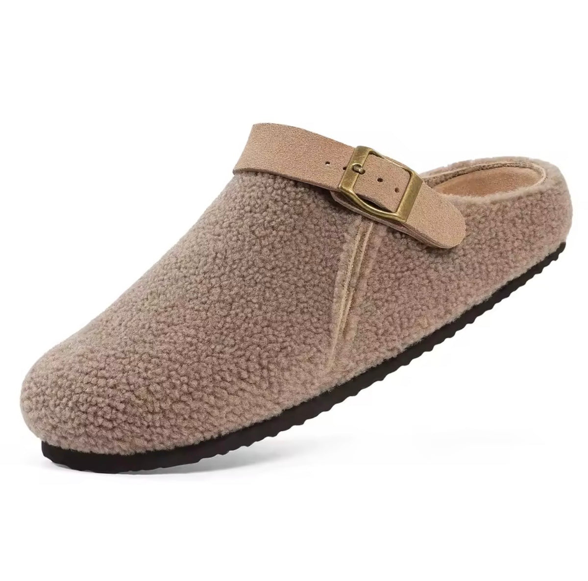 Khaki Plush Clogs – Soft Textured Slip-On Shoes