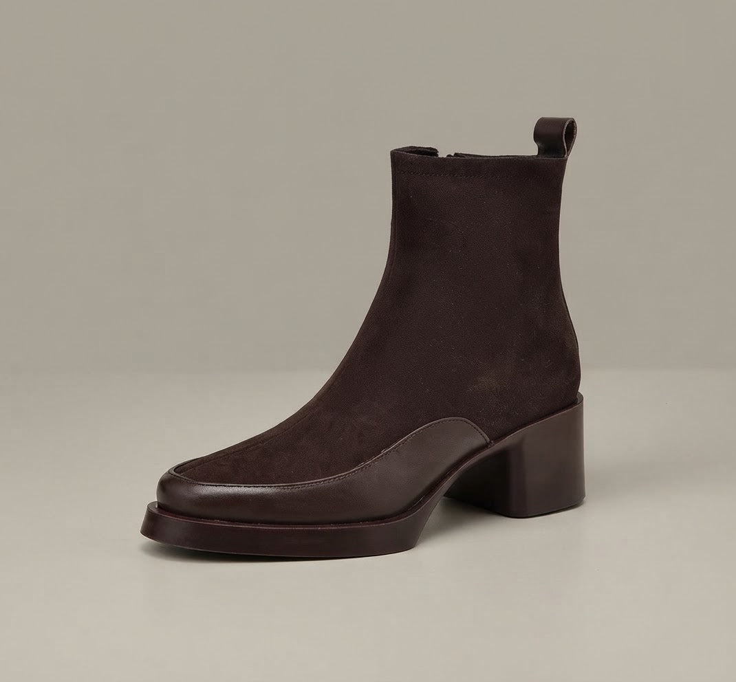 Prague Brown Mid-Calf Boots – Mixed-Texture Style