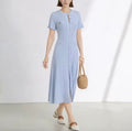 Baby Blue Short-Sleeve Knit Midi Dress – Elegant Fitted Silhouette
