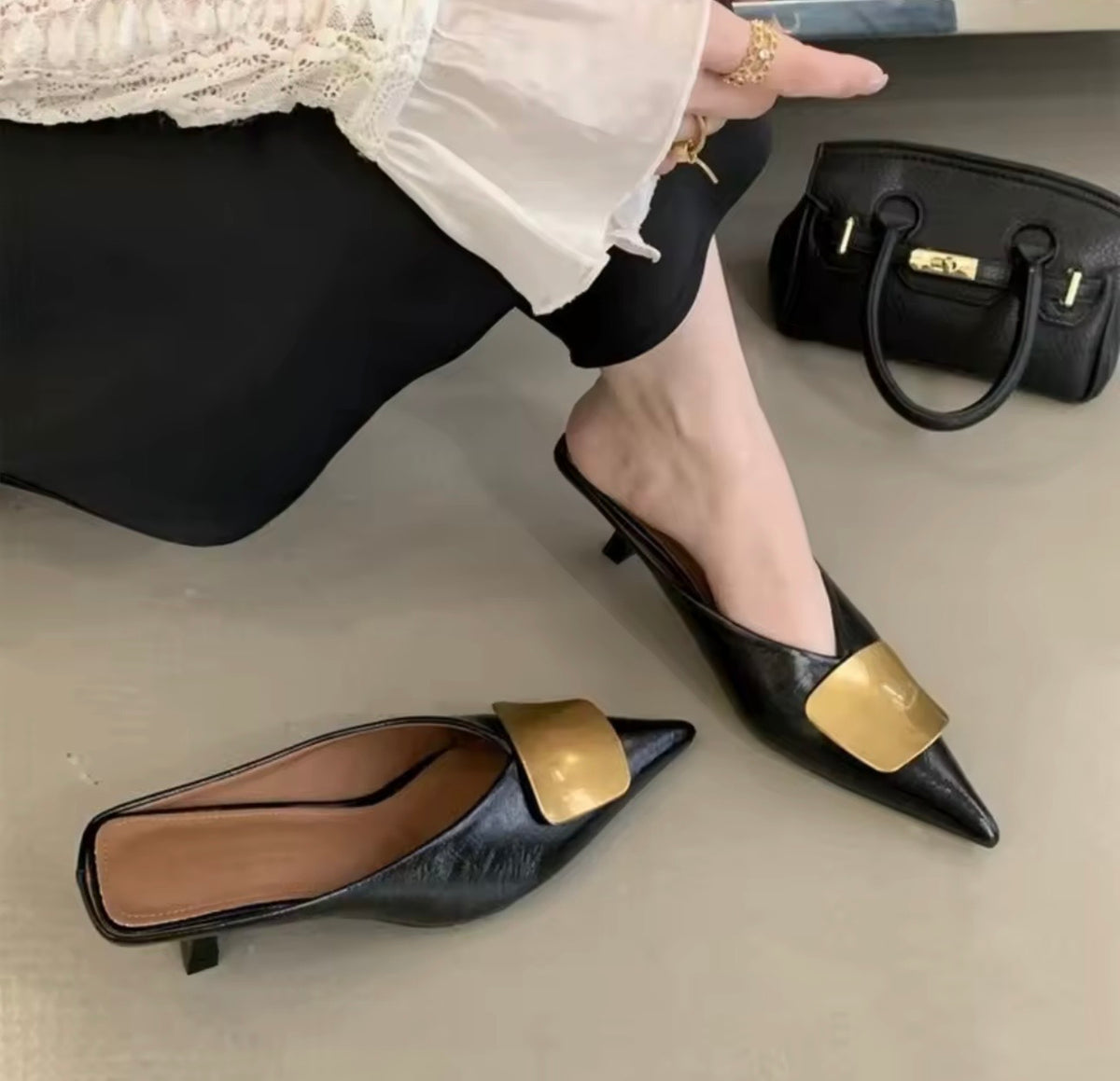 Monaco Black Heeled Mules – Pointed-Toe Shoes with Gold Detail