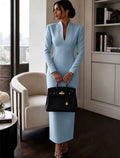 Verona Sky Blue Long-Sleeve Fitted Dress