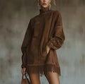Velvet Grace Brown Long Sleeve Velvet Dress with Fringe Hem