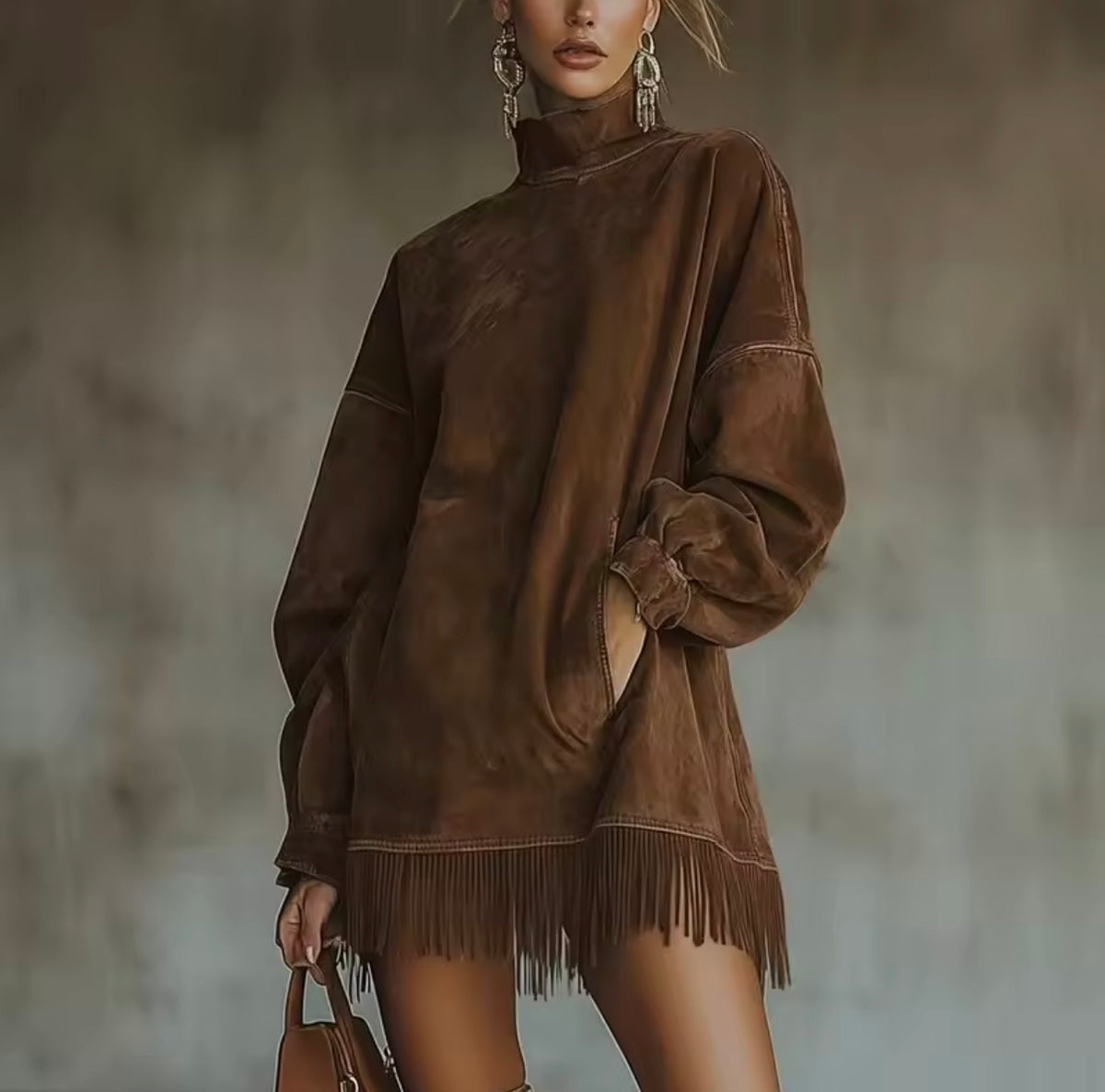 Velvet Grace Brown Long Sleeve Velvet Dress with Fringe Hem
