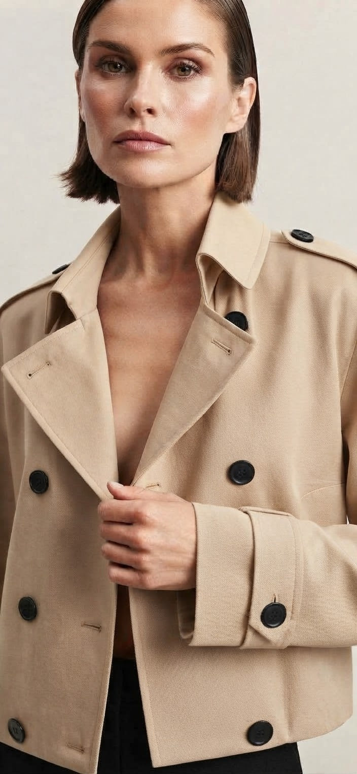Vienna Khaki Cropped Trench Jacket – Elegant Tailored Style