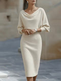 Elegant Grace Off-White Long Sleeve Belted Midi Dress