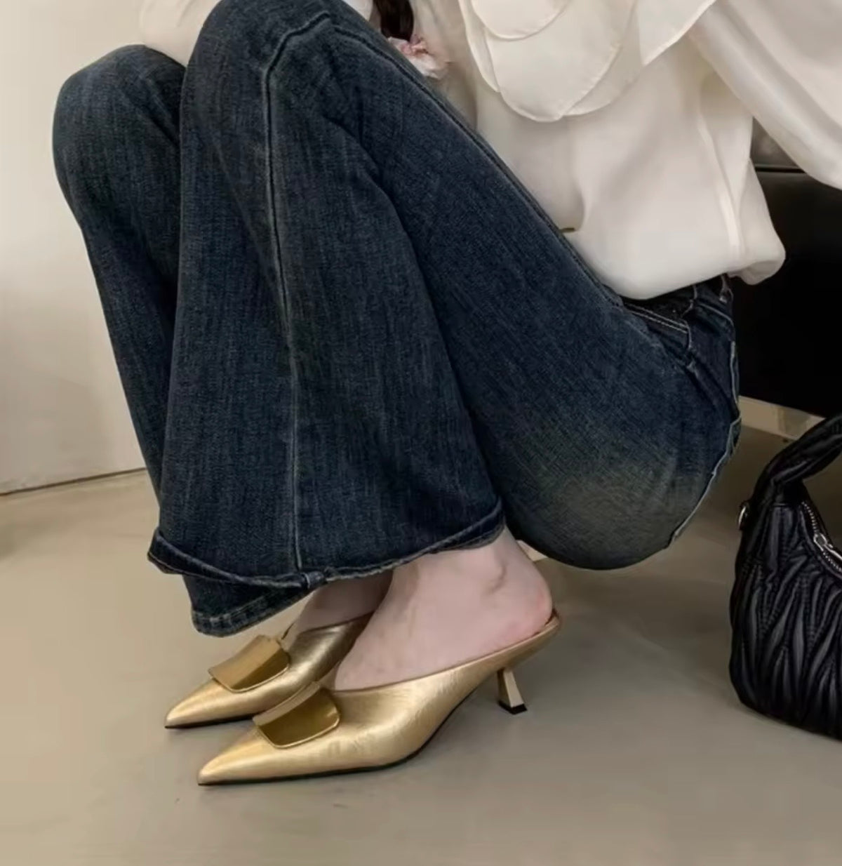 Monaco Gold Heeled Mules – Pointed-Toe Shoes with Gold Detail