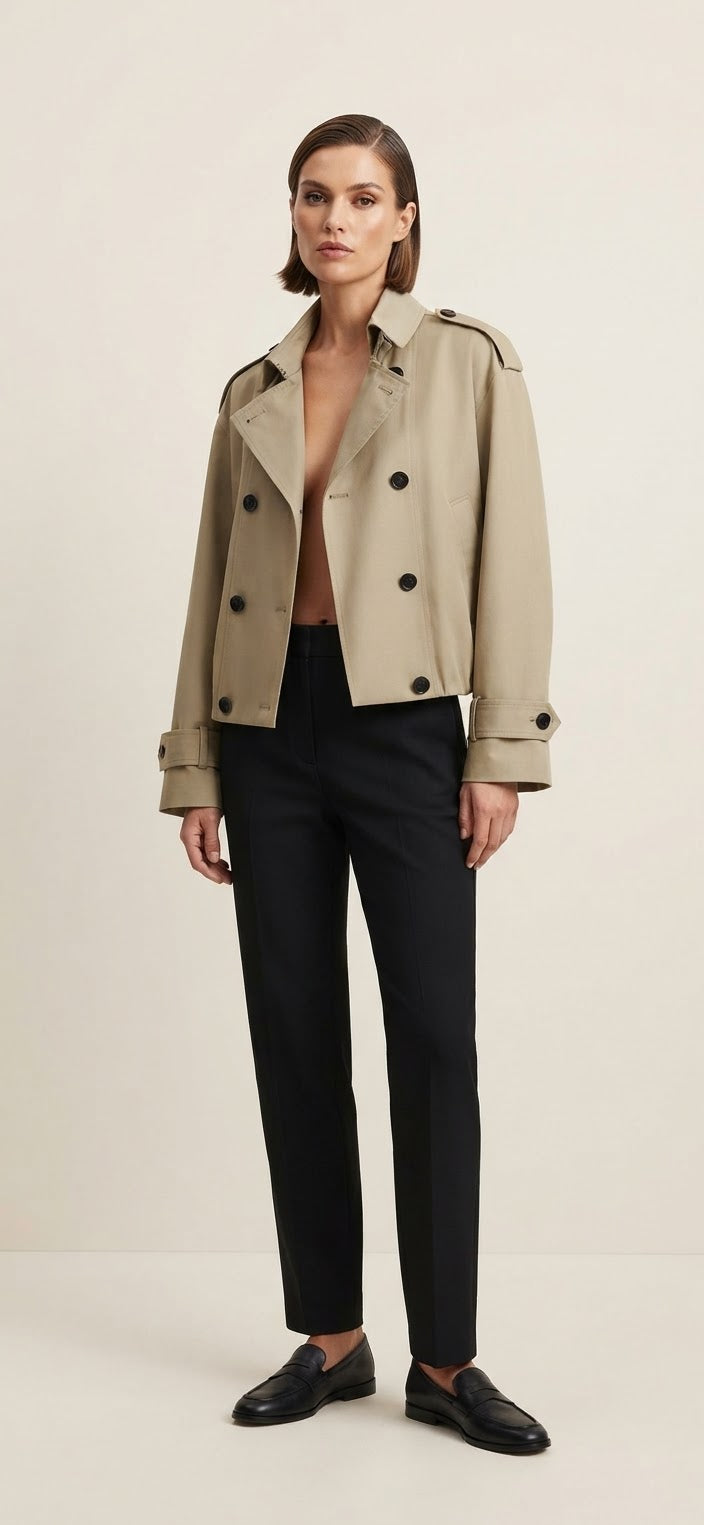 Vienna Khaki Cropped Trench Jacket – Elegant Tailored Style
