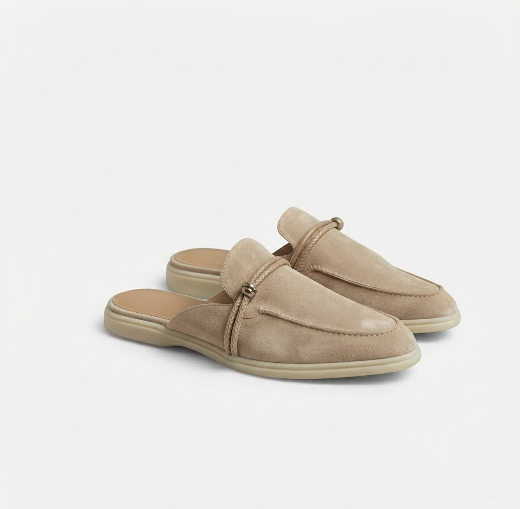 Sorrento Beige Velvet Clogs – Leather Detail