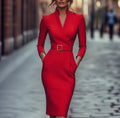 Sofia Red Long Sleeve Belted Midi Dress
