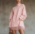 Velvet Grace Pink Long Sleeve Velvet Dress with Fringe Hem