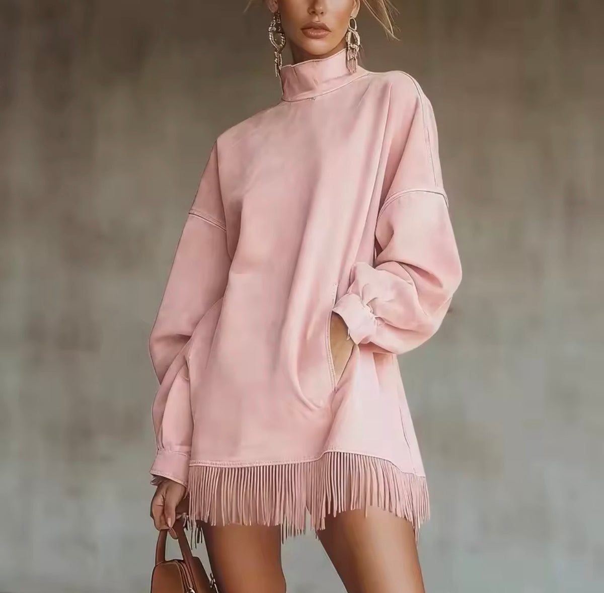Velvet Grace Pink Long Sleeve Velvet Dress with Fringe Hem