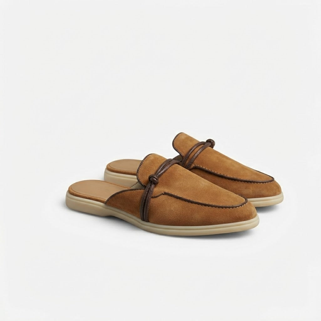 Sorrento Light Camel Velvet Clogs – Leather Detail