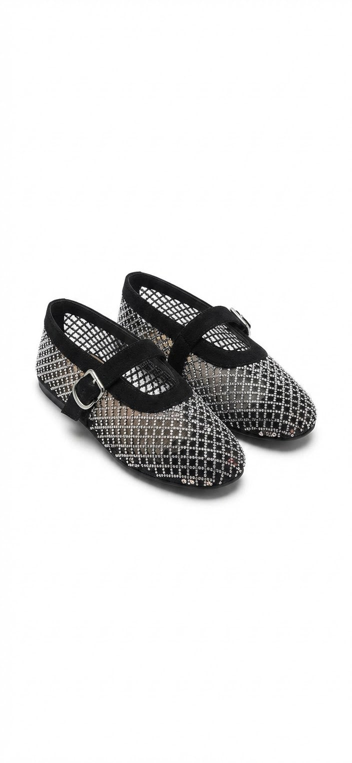 Luna Women’s Black & Silver Mesh Ballet Flats – Sparkle Detail