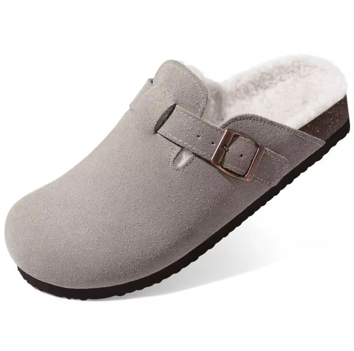 Grey Plush-Lined Suede Clogs – Warm & Comfortable Slip-On Shoes