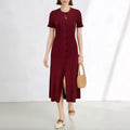 Burgundy Short-Sleeve Knit Midi Dress – Elegant Fitted Silhouette