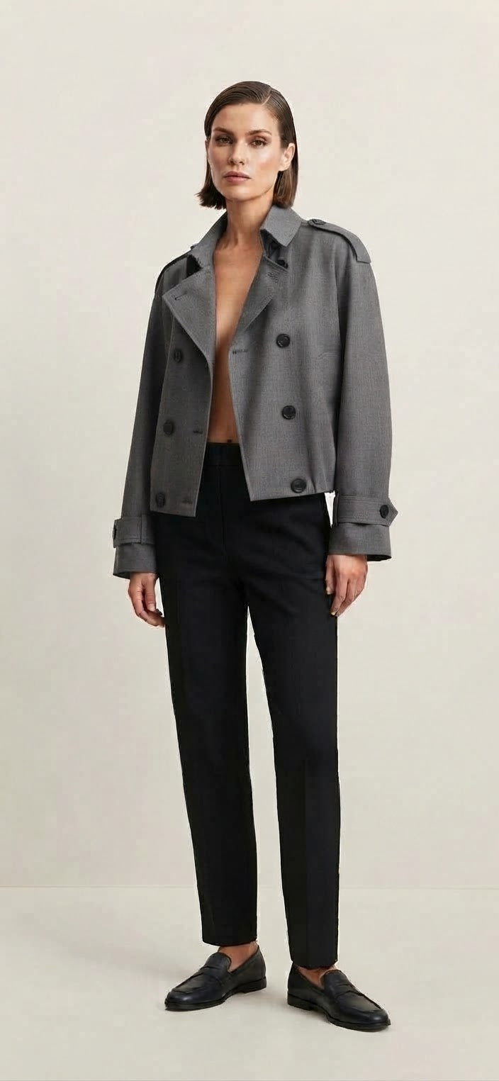 Vienna Grey Cropped Trench Jacket – Elegant Tailored Style