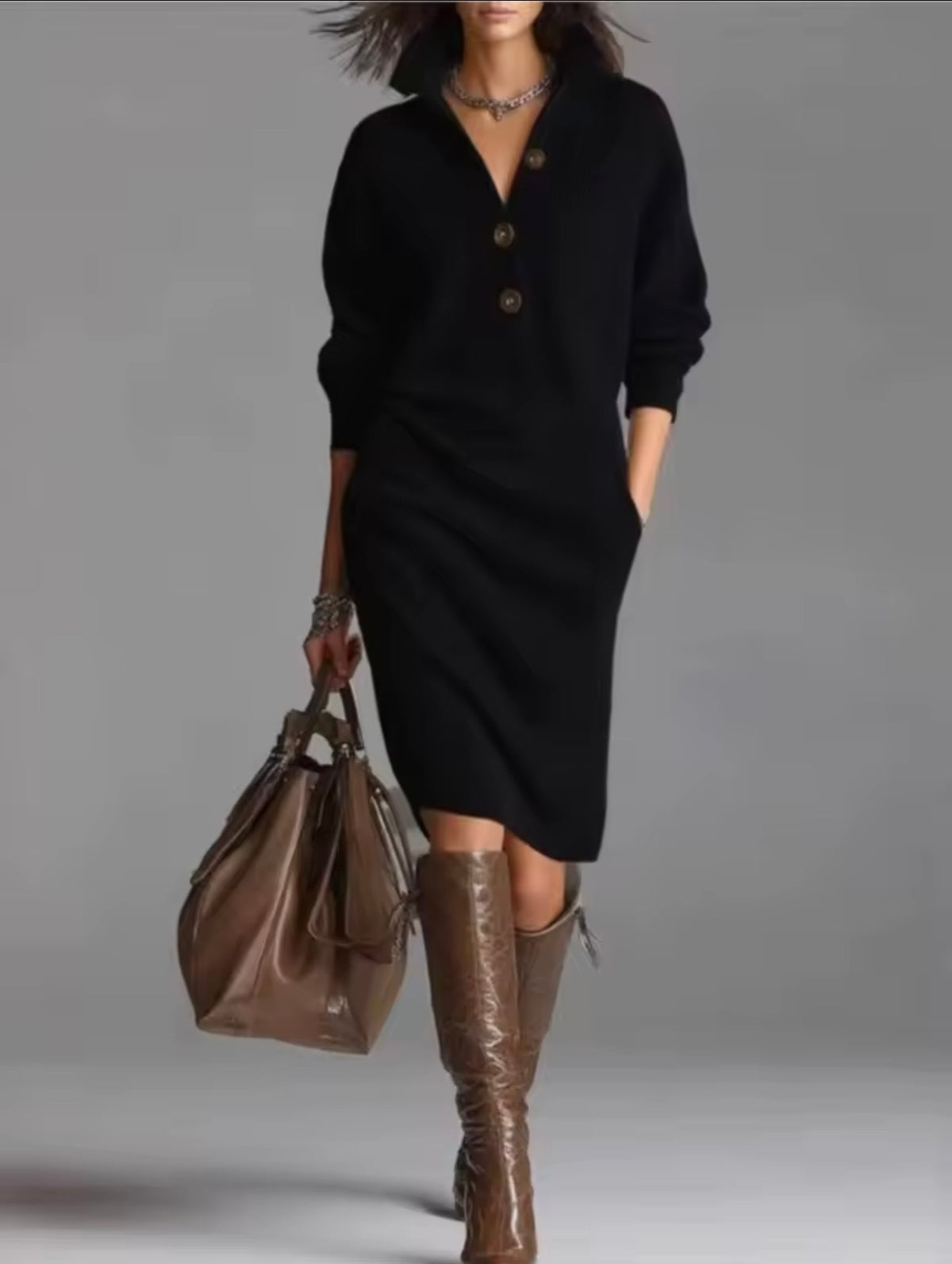 Aurora Black Loose Knit Long Sleeve Dress