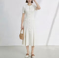 White Short-Sleeve Knit Midi Dress – Elegant Fitted Silhouette