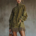Velvet Grace Olive Green Long Sleeve Velvet Dress with Fringe Hem