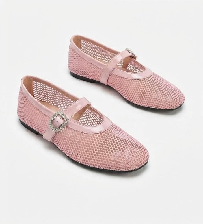 Amélie Women’s Pink Mesh Ballet Flats – Crystal Buckle