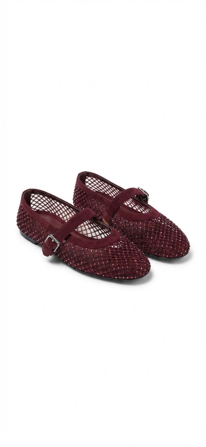 Luna Women’s Burgundy Mesh Ballet Flats – Sparkle Detail