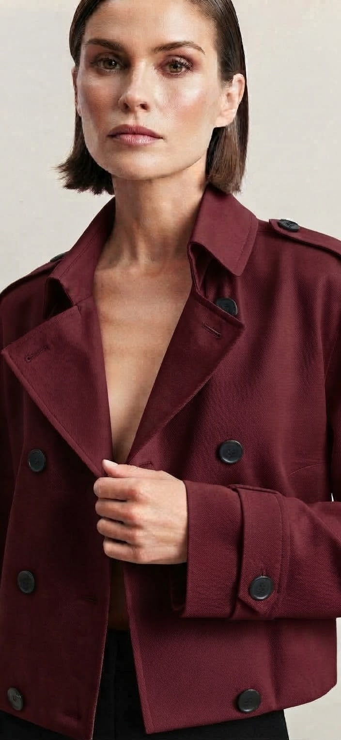Vienna Burgundy Cropped Trench Jacket – Elegant Tailored Style