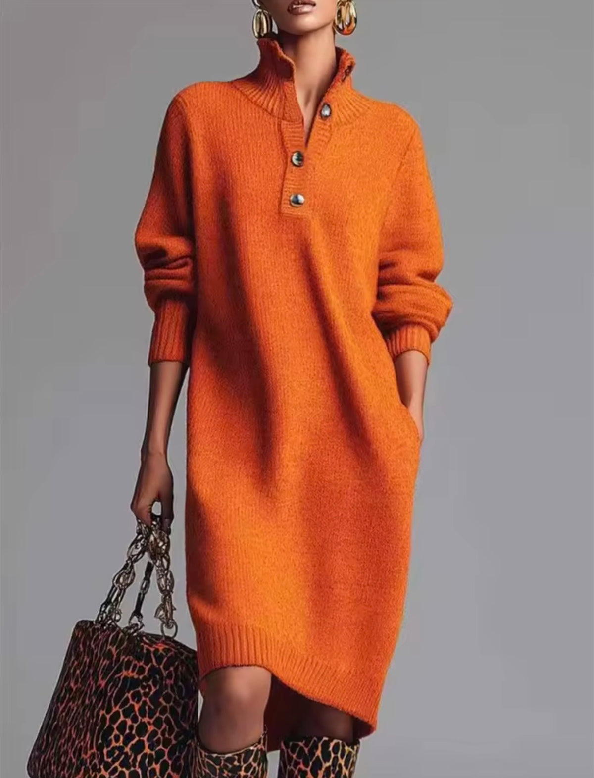 Aurora Orange Loose Knit Long Sleeve Dress