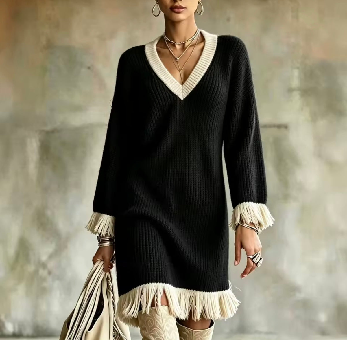 Mila Black Knit Dress with Fringe Details