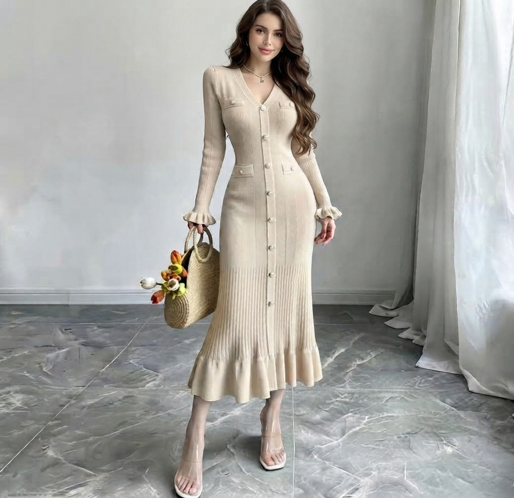 Beige – Eleanor Long Sleeve Knit Maxi Dress