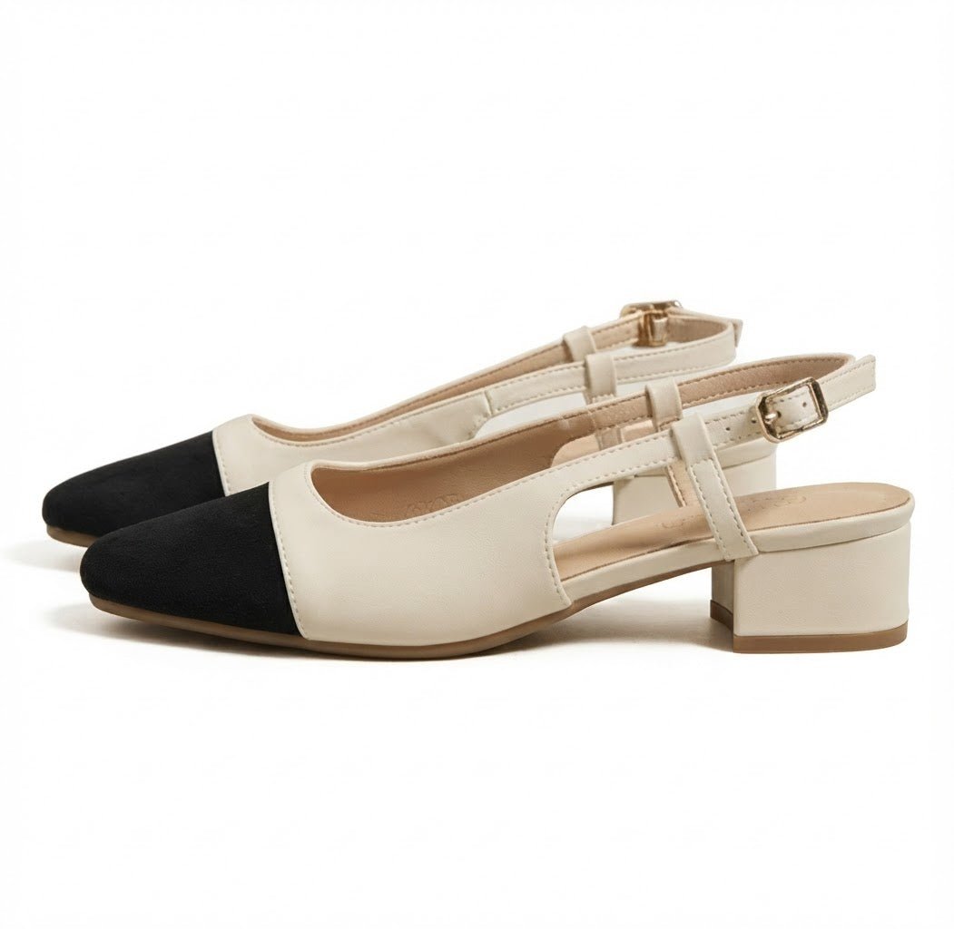 Cannes White & Black Slingback Heels – Mid Block Heel