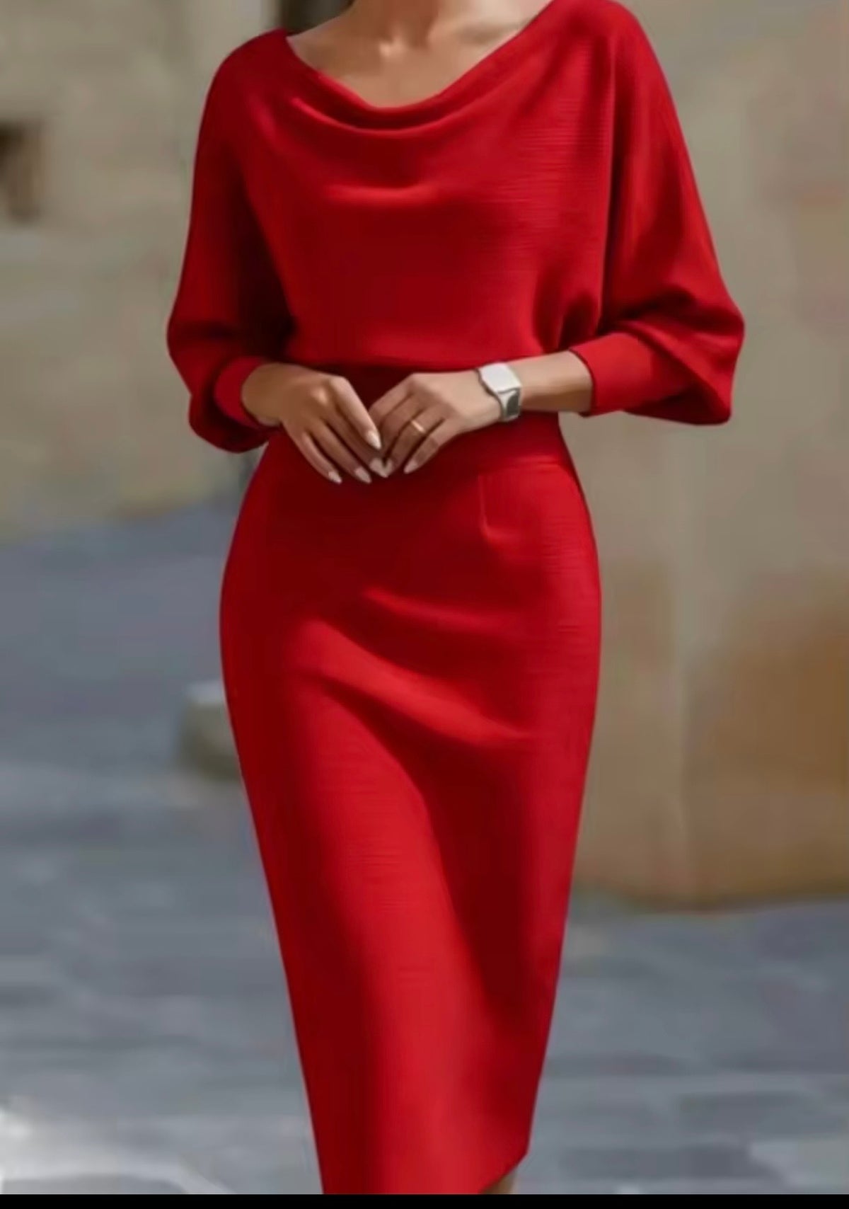 Amelia Red Long Sleeve Midi Dress