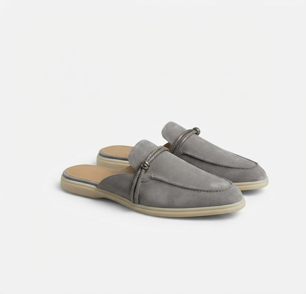 Sorrento Grey Velvet Clogs – Leather Detail