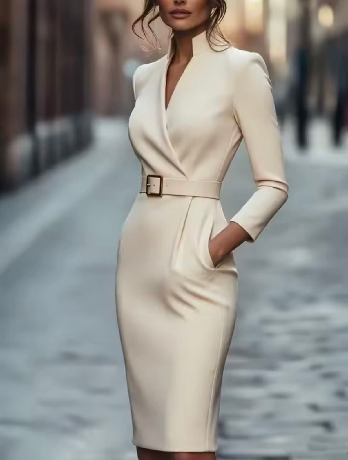 Sofia Off-White Long Sleeve Belted Midi Dress