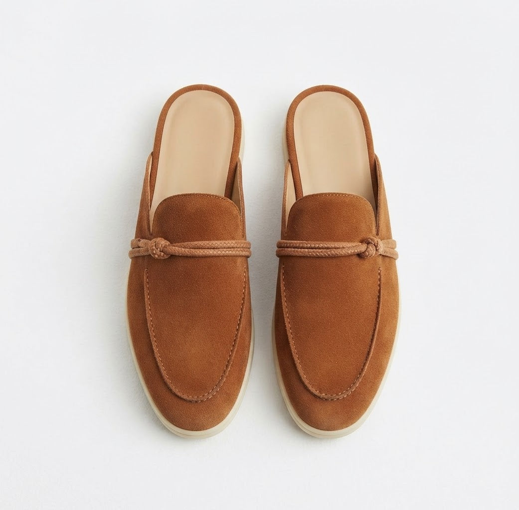 Sorrento Camel Velvet Clogs – Leather Detail