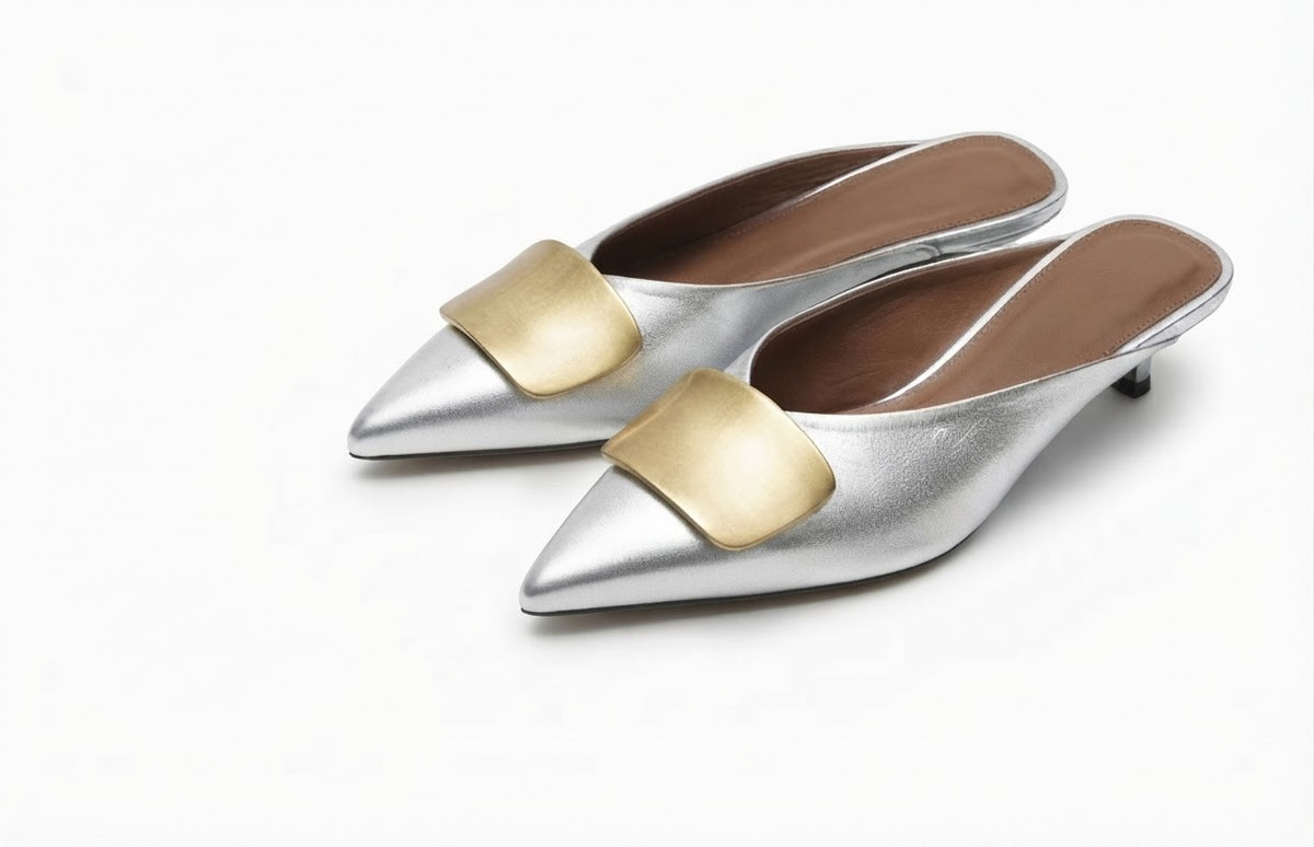 Monaco Silver Heeled Mules – Pointed-Toe Shoes with Gold Detail