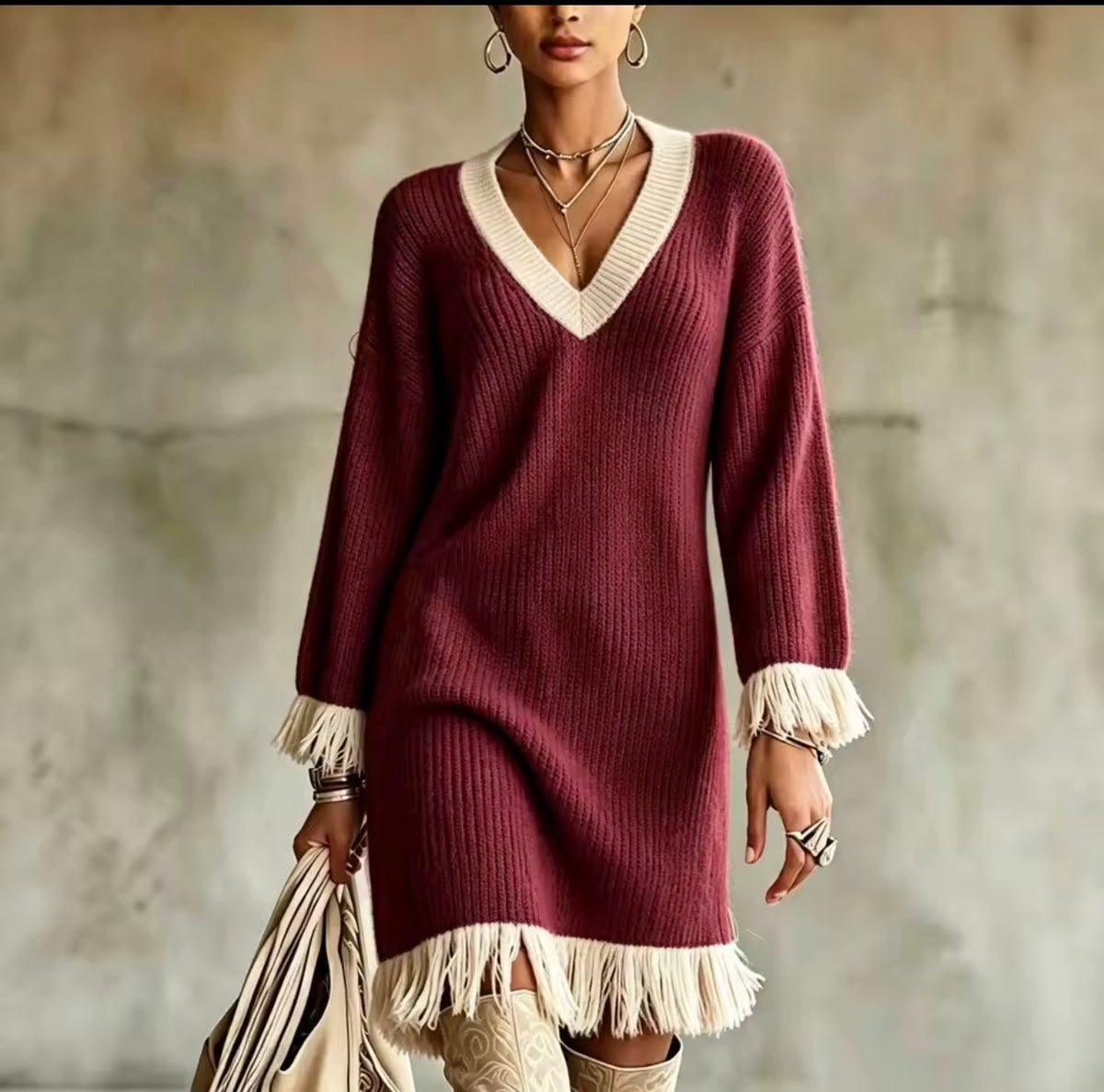 Mila Burgundy Knit Dress with Fringe Details