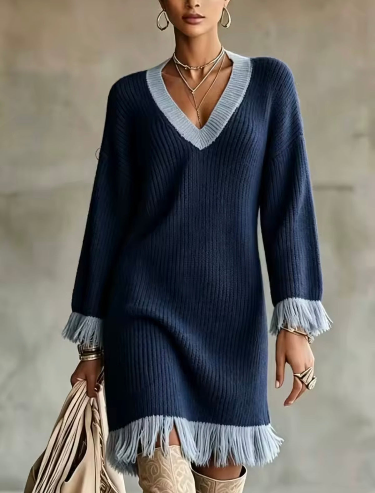 Mila Navy Blue Knit Dress with Fringe Details