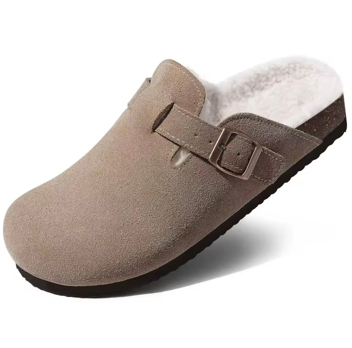 Khaki Plush-Lined Suede Clogs – Warm & Comfortable Slip-On Shoes