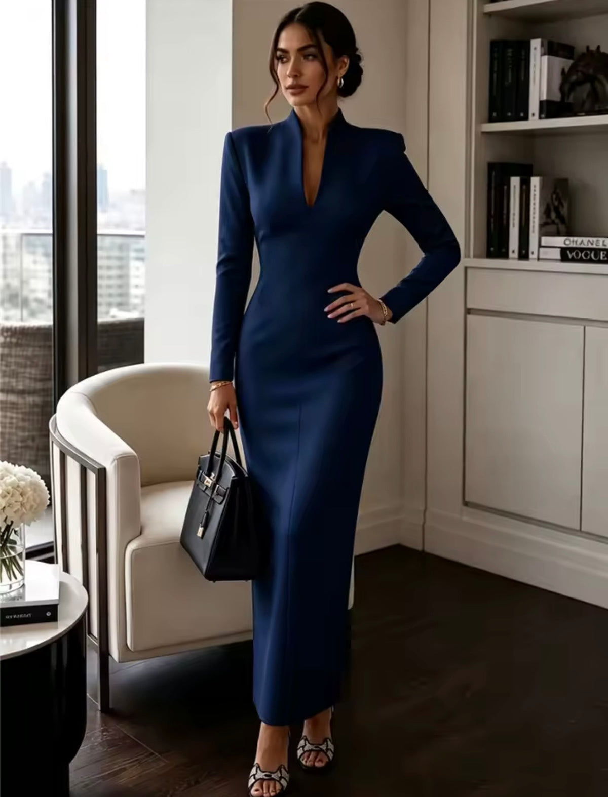 Verona Navy Blue Long-Sleeve Fitted Dress