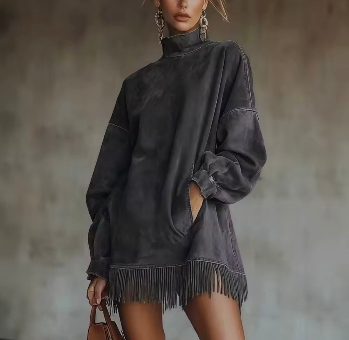 Velvet Grace Grey Long Sleeve Velvet Dress with Fringe Hem