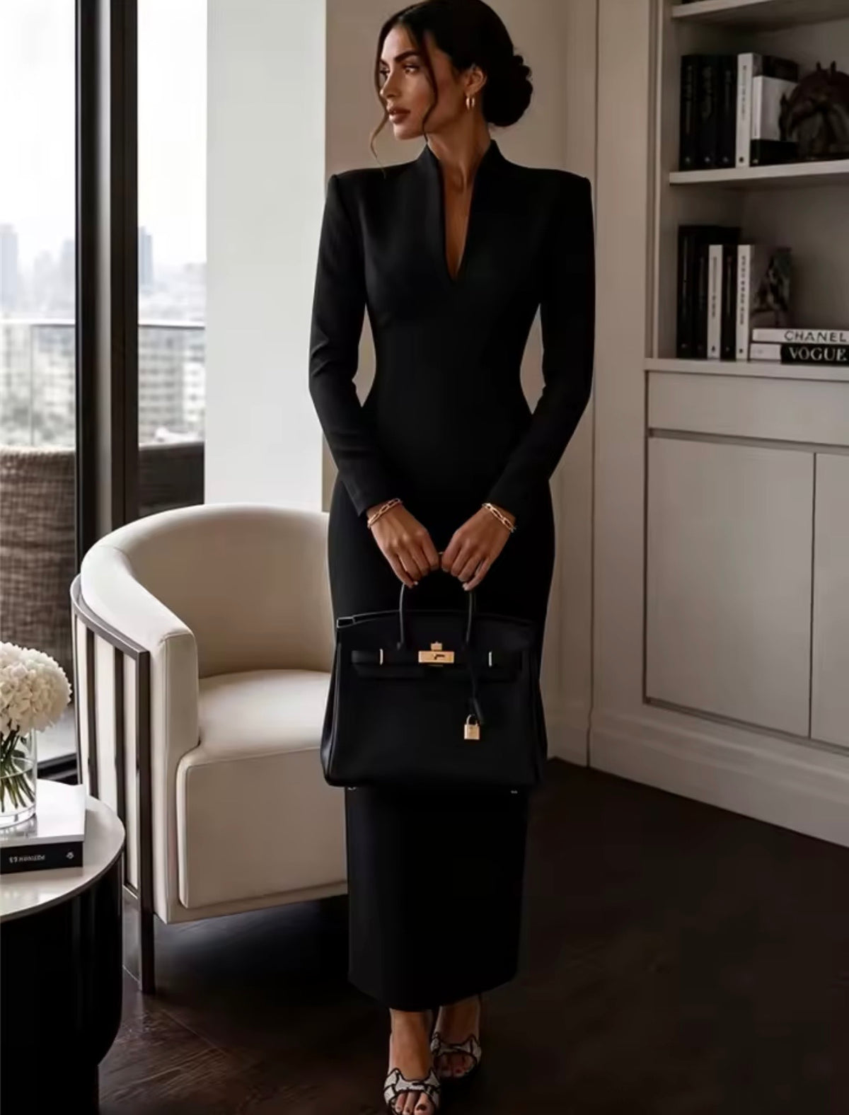 Verona Black Long-Sleeve Fitted Dress