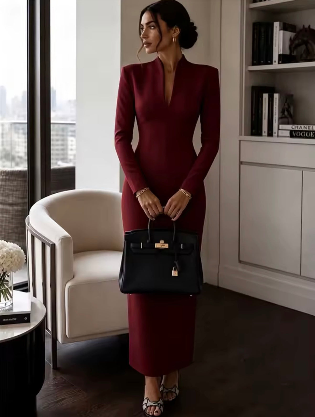 Verona Burgundy Long-Sleeve Fitted Dress