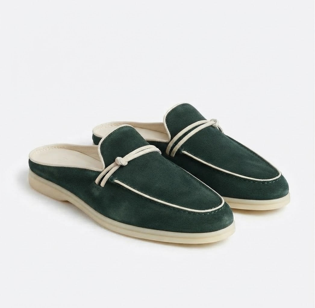 Sorrento Dark Green Velvet Clogs – Leather Detail