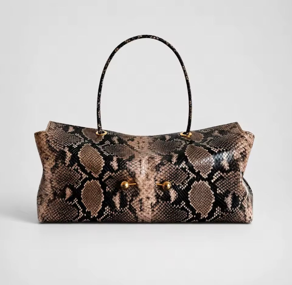Geneva Brown & Beige Snake-Print Handbag – Structured Medium-Large Bag