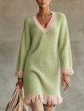 Mila Light Green Knit Dress with Fringe Details