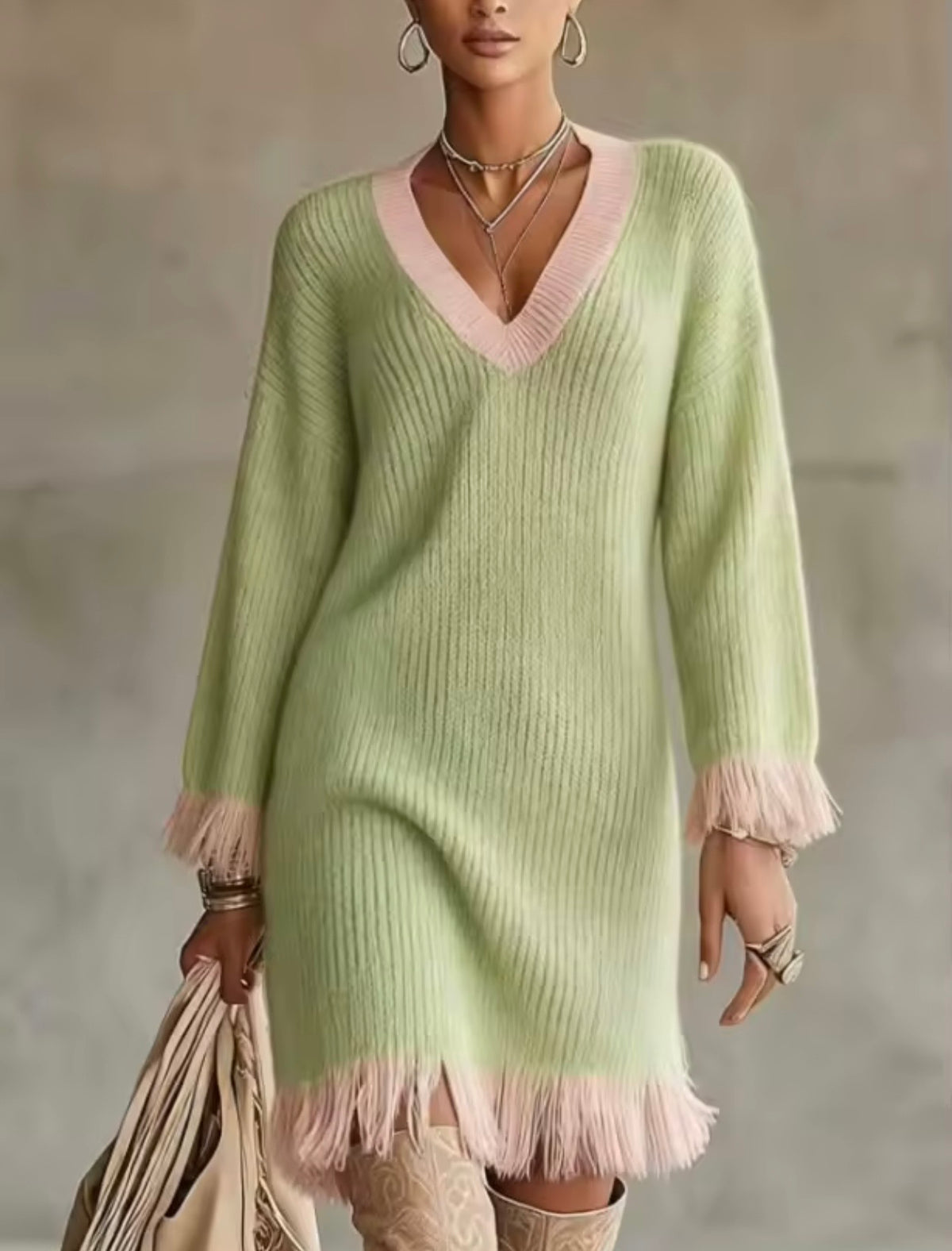 Mila Light Green Knit Dress with Fringe Details